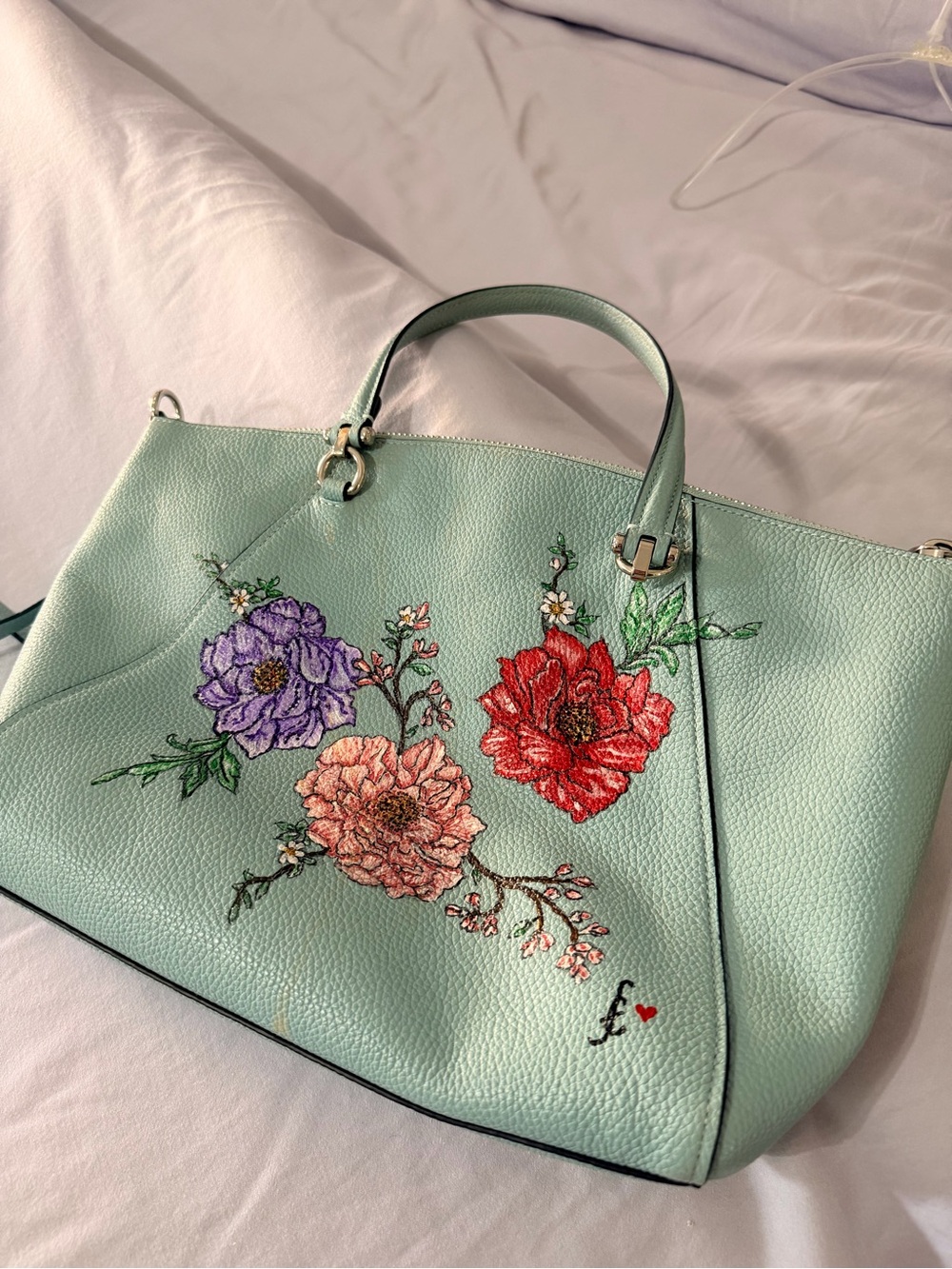 Coach Pale Blue Floral Embroidered Leather Crossbody Tote Handpainted
